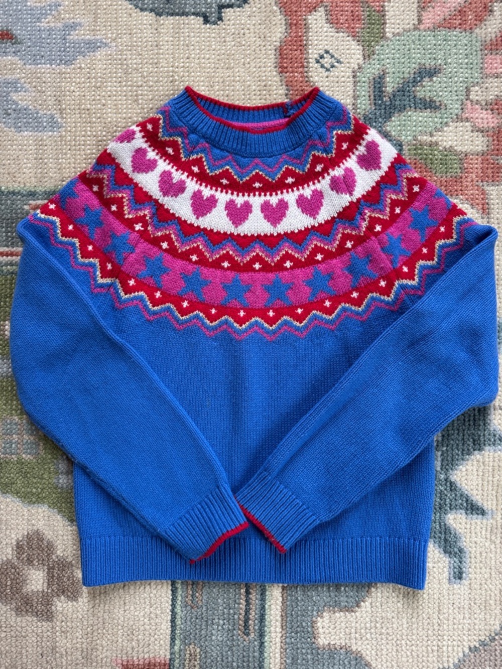 Mini Boden Bright Blue Fair Isle Yoke Sweater with Pink & Red Hearts